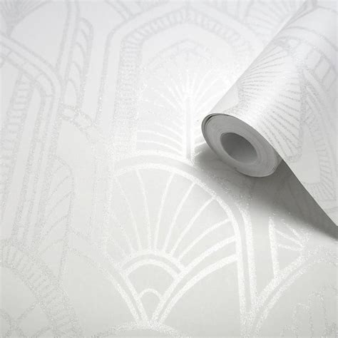 Goodhome Djinga White Art Deco Silver Metallic Effect Wallpaper Diy