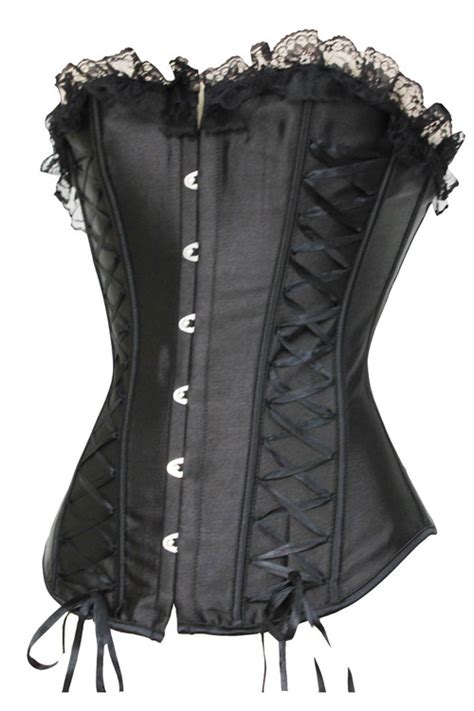 Black Satin Corset With Lace Up Side Panels And Bust Lace Ruffle Front