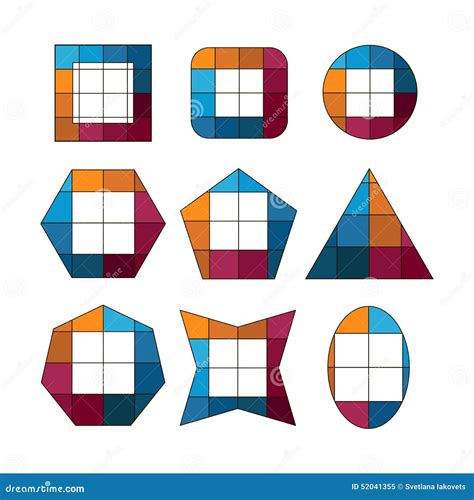 Set Of Geometric Shapes Made Up Of Squares Of Different Colors Stock