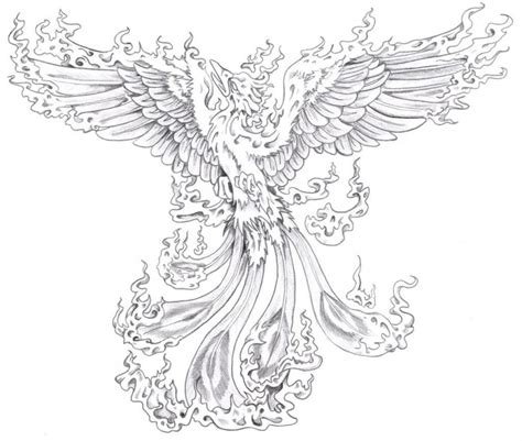 Cool Grey Ink Flaming Spread Winged Phoenix Tattoo Design