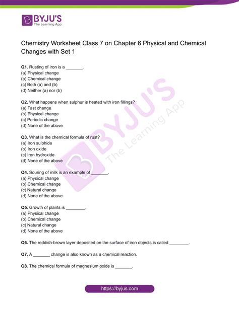 Class Chemistry Worksheet On Chapter Physical And Chemical Changes Set
