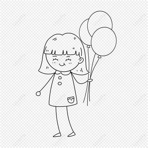 拿著氣球的女孩簡筆畫png圖案素材免費下載，可愛卡通圖片，尺寸2000 × 2000px Lovepik