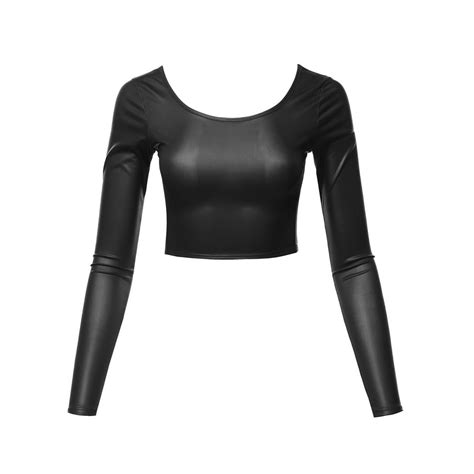 A2y A2y Womens Faux Leather Double Scoop Neck Long Sleeve Crop Top