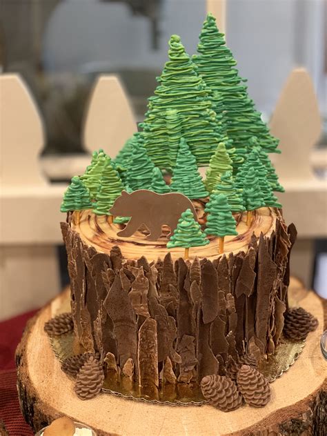 Bear Inspired Chocolate Peanut Butter Pine Tree Round Cake Adorned With Chocolate Bark Edible