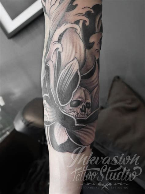 This is a seriously wicked mix of hannya mask, samurai lower mandible guard and helmeted skull ink tattoo (the. Lotus Skull Tattoo - INKVASION Tattoo Studio · SINGAPORE