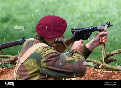 Ww2 British Army Paratrooper In A Demonstration Battle Situation Firing