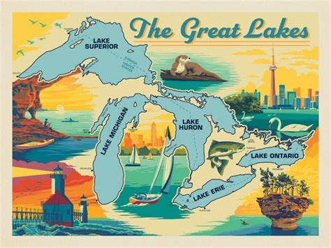 The Great Lakes Map Travel Poster Horizontal Map Print Etsy