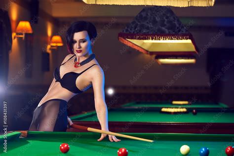 Hot Sexy Babe Woman At Billiards Club Playing Snooker Stock Photo Adobe Stock