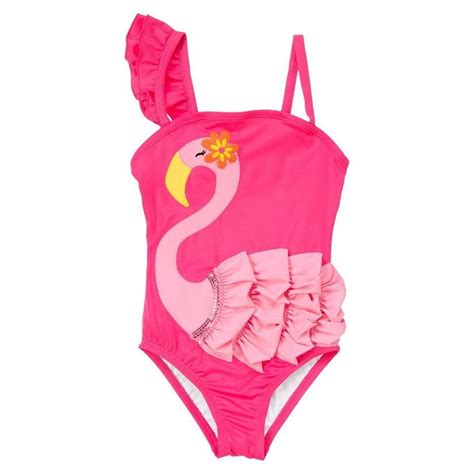 our swimsuit features a flamingo appliqué with flouncy feathers and sequins for extra fun in the