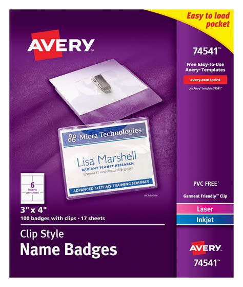 Avery Clip Style Name Badges 3 X 4 100 Badges 74541