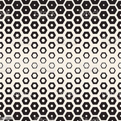 Vector Seamless White And Black Hexagon Halftone Grid Geometric Pattern