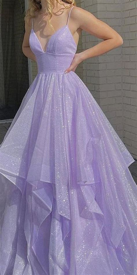 A Line V Neck Sequin Light Purple Modest Prom Dresses Pd In