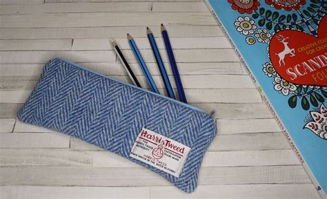 Harris Tweed Pencil Case Blue Herringbone Pattern Etsy India