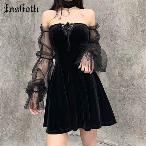 Insgoth Gothic Vintage Sexy Lace Up Black Dress Goth Aesthetic Mesh Long Sleeve Mini Dress Women