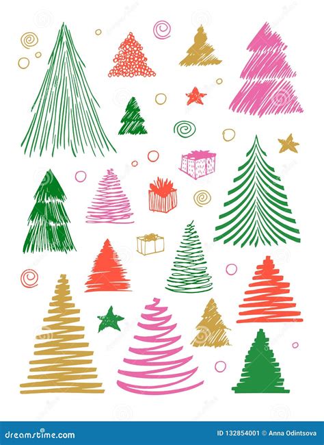 Big Set Of Christmas Tree Doodle Hand Drawn Vector Conceptual Colored