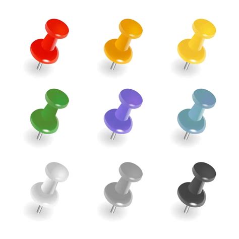 Realistic Colorful Push Pins Collection Isolated Vector Illustration