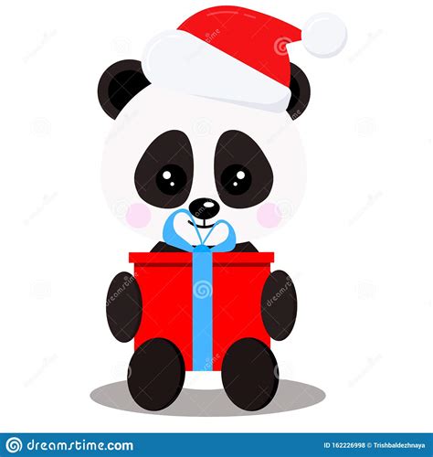 Cute Character Panda Bear In Sitting Pose With Red T In Santa Claus