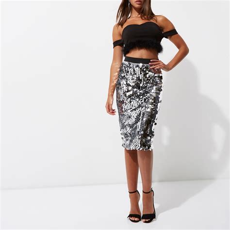 Lyst River Island Silver Sequin Midi Pencil Skirt In Metallic