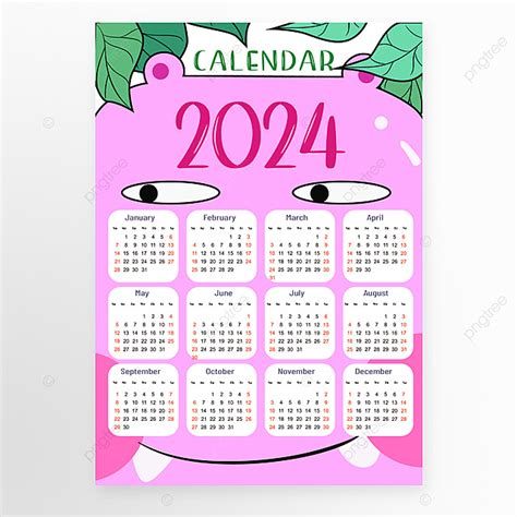 2024 Calendario Plantilla Rosa Dibujos Animados Vector Descarga