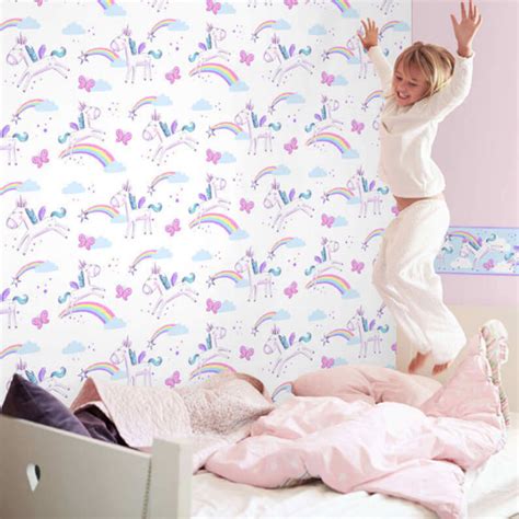 Unicorns Wallpaper And Border Butterflies Rainbow Stars Girls Bedroom