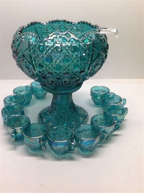 Iridescent Blue Carnival Glass Punch Bowl Set More Blue Carnival Glass Carnival Glass Fenton
