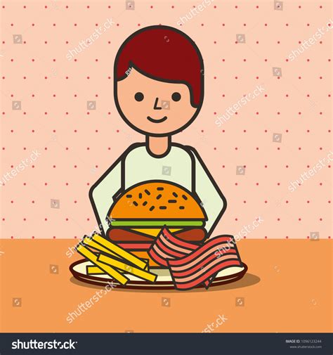 Boy Cartoon Eating Hamburger Bacon French Stock Vector Royalty Free
