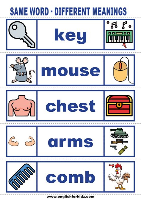 English For Kids Step By Step Vocabulary Cards Same Word Different