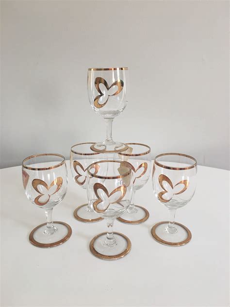 Vintage Bohemia Glass Stemmed Cordial Glasses Set Of 6 Made In Czechoslovakia Gold Mid