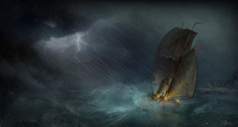 Sea Ship Sailing Art Storm Lightning Ocean Rain Painting Wallpaper