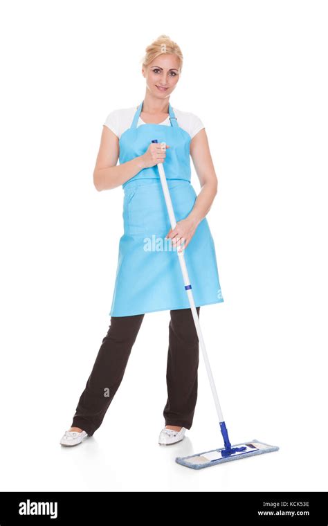 Happy Woman Holding Broom Over White Background Stock Photo Alamy