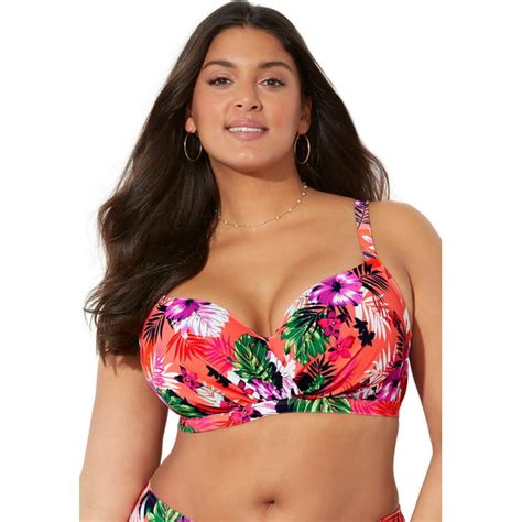 Swimsuits For All Womens Plus Size Ruler Bra Sized Underwire Bikini Top 44 F Bright Tropical