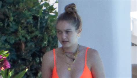 Gigi Hadids Orange Bikini Rocks Sexy Swimwear On Vacation In Greece Hollywood Life