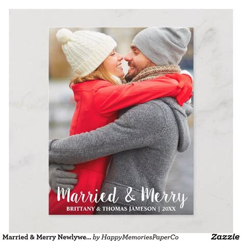 Married And Merry Newlywed Photo Postcard Christmas Couple