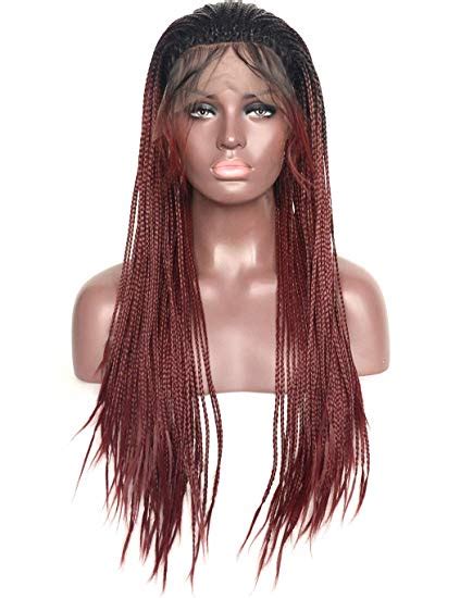 Bluple Ombre Wine Red Micro Braided Lace Front Wigs Dark Roots Burgundy Synthetic Heat Resistant