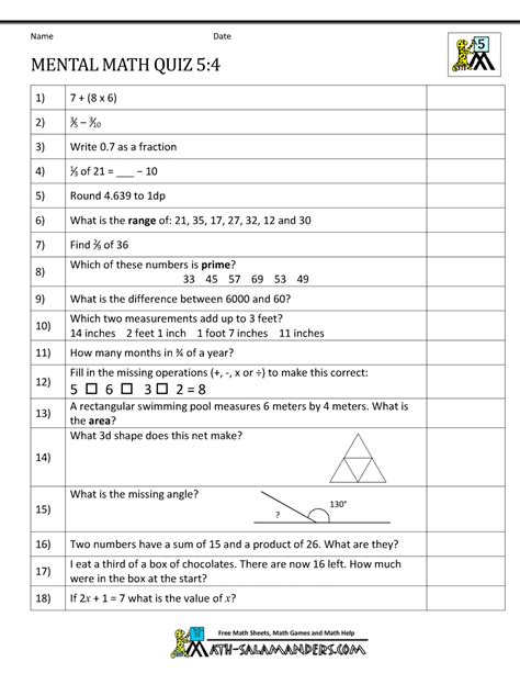 Suppor t document for teacher s. Mental Math 5th Grade