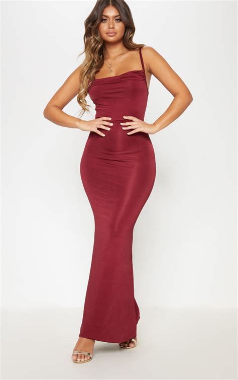 Deep Burgundy Strappy Slinky Cowl Maxi Dress Dresses Ruched Maxi