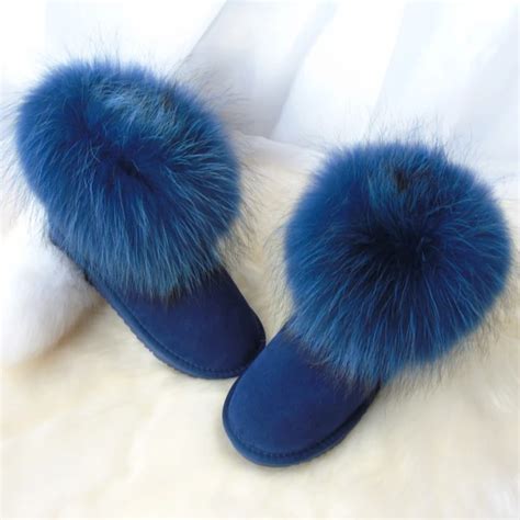 Buy Gandzaco Luxury Natural Dark Blue Fox Fur Snow Boots