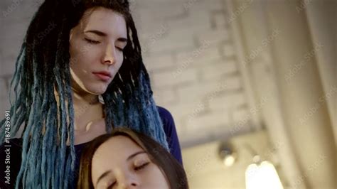 Young Girls Enjoy Each Others Touches An Informal Lesbian Touches Her Friends Neck Stock