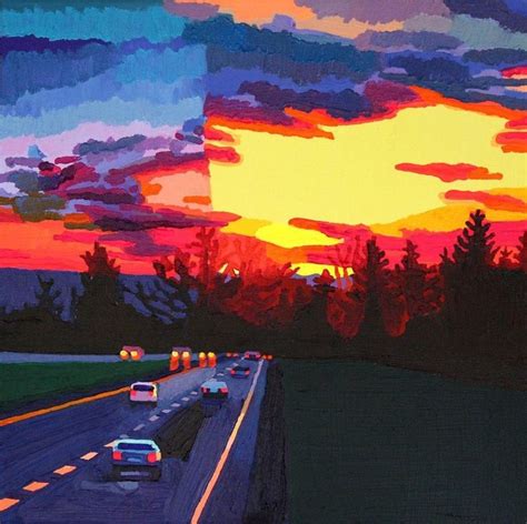 A Painting Of Cars Driving Down A Highway At Sunset