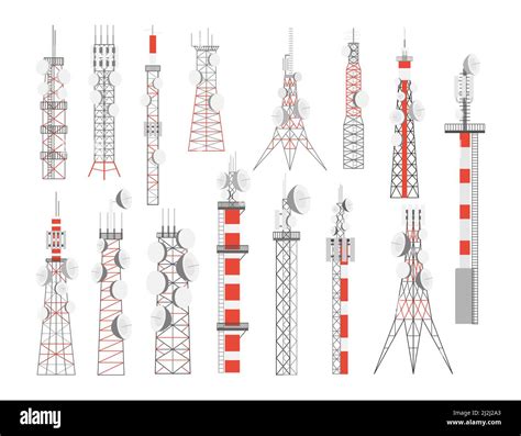 Antenna Tower With Satellite Dishes Vector Illustrations Set Radio