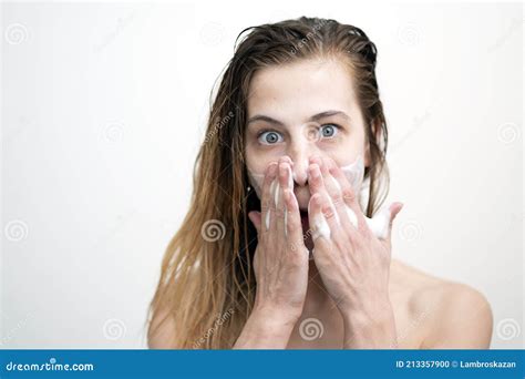 Happy Young Woman Washing Her Face With Cream Stock Photo Image Of