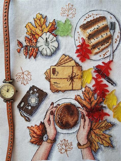 Autumn Coffee Cross Stitch Pattern Maple Leaf Hand Embroidery Etsy