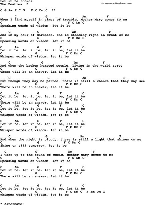 Song Lyrics With Guitar Chords For Let It Be The Beatles