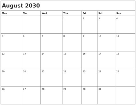 August 2030 Month Calendar