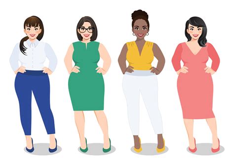 Cartoon Vector Beautiful Plus Size Curved Women In Diverse Fashion