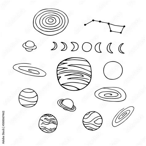 Outline Space Doodle Set Hand Drawn Planet Galaxy Moon Isolated On