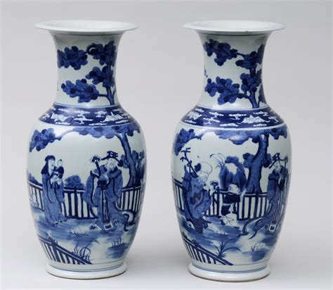Pair Of Large Chinese Blue And White Baluster Shaped Open Vases
