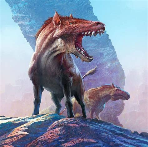 An Artists Rendering Of Two Dinosaurs On A Mountain