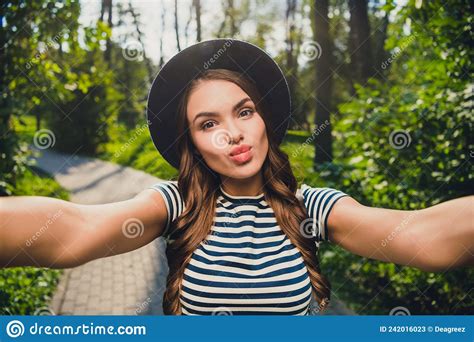 Self Portrait Of Attractive Cheerful Flirty Girl Resting Sending Air Kiss Amour Pastime On Fresh