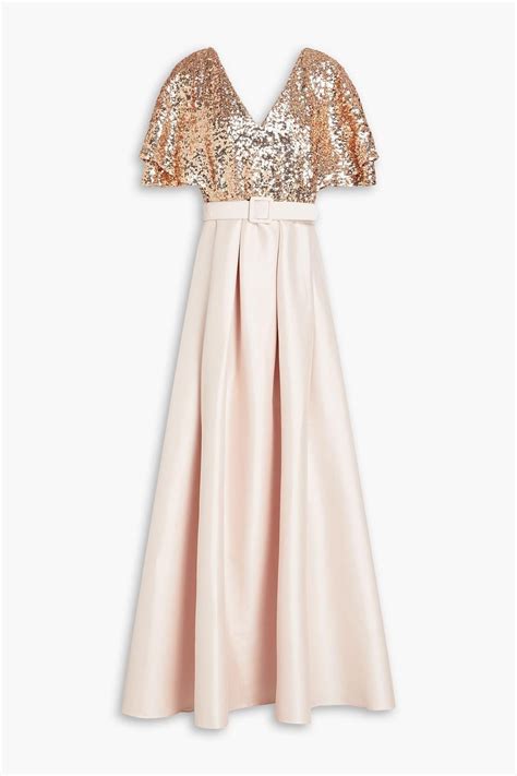 Badgley Mischka Sequin Embellished Mesh Paneled Faille Gown In Pink